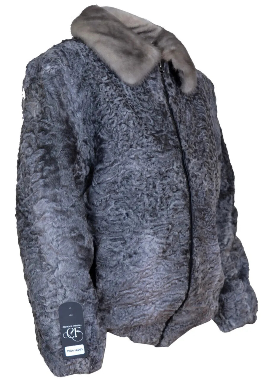 Pre-owned Handmade Men Gray Real Persian Lamb Fur Bomber Jacket Mink Fur Collar All Size Pre Sale