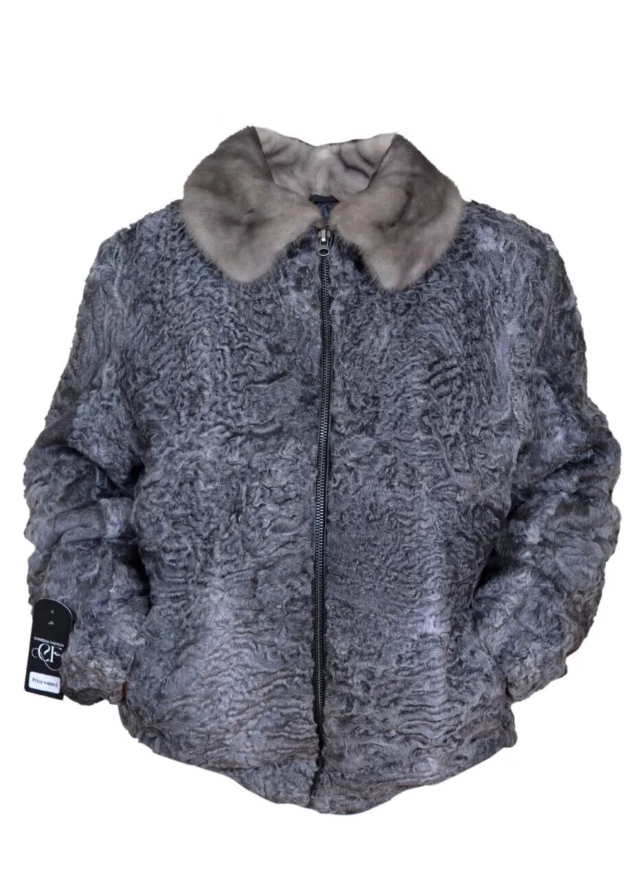 Pre-owned Handmade Men Gray Real Persian Lamb Fur Bomber Jacket Mink Fur Collar All Size Pre Sale