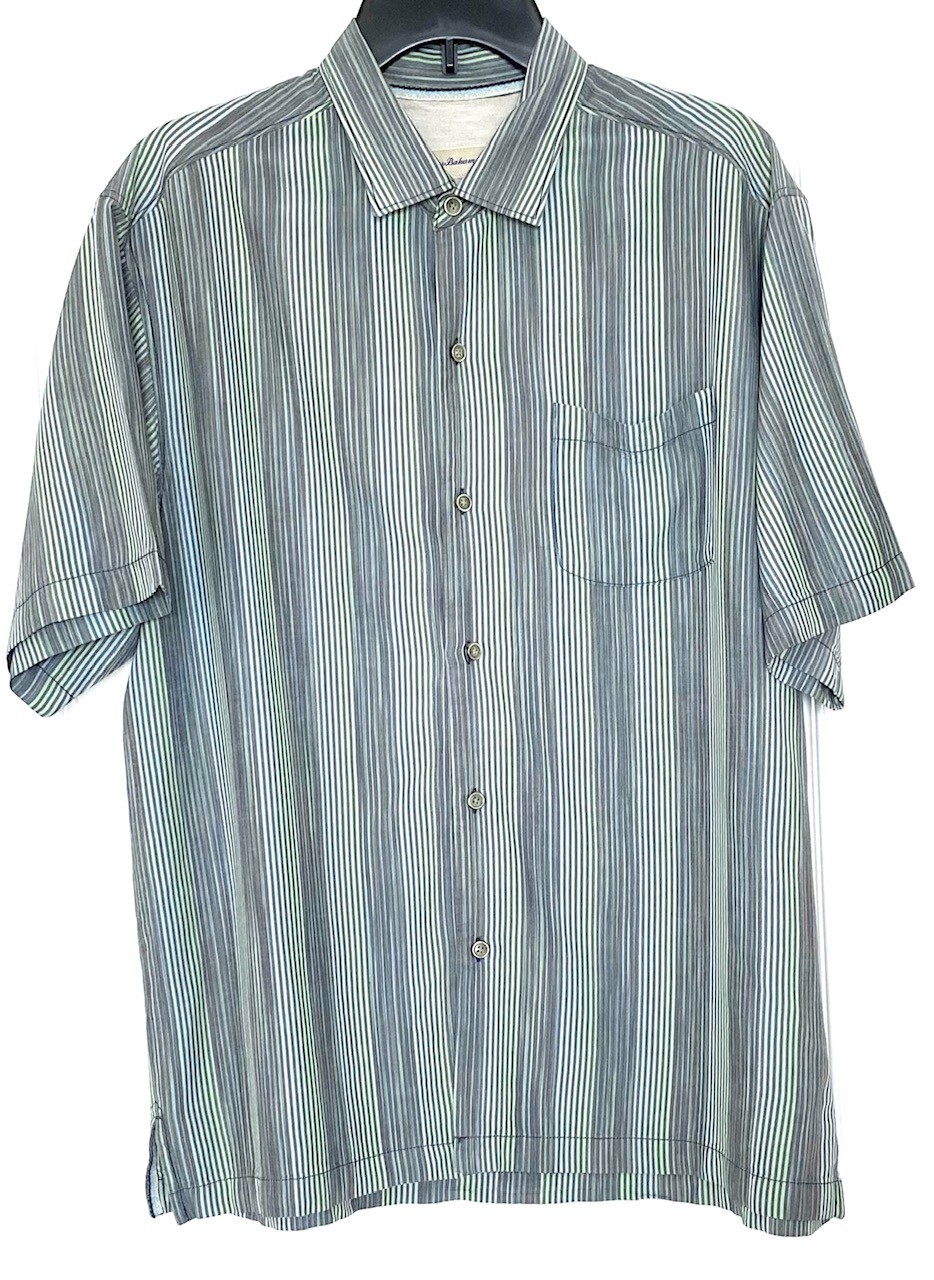 

TOMMY BAHAMA Рубашка на пуговицах из 100% шелка в синюю полоску из шамбре, БОЛЬШОЙ оригинальный крой, Multicolor
