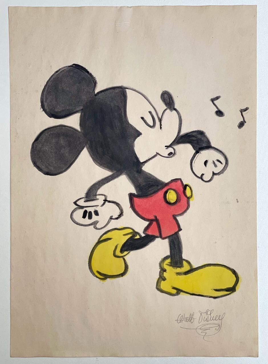 Walt Disney (Handmade) Drawing On old Paper Signed & Stamped
