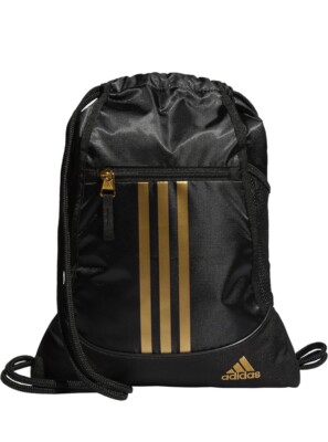 New! adidas Unisex Alliance II Sackpack Backpack Black/Gold, ONE SIZE. Gym Bag