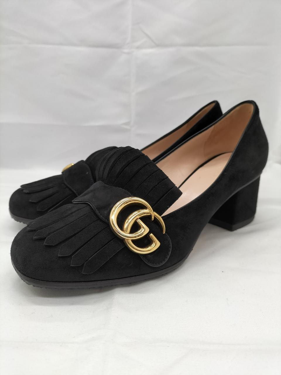 GUCCI GG Marmont Gold Black Suede Fringe Heel Pumps Shoes