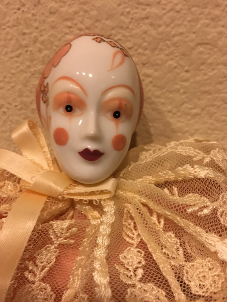 Vintage Pierrot Clown Porcelain Plush Doll with Peach Lace Costume 17