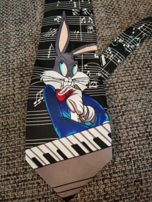 VINTAGE Looney Tunes Necktie Mens Black Bugs Bunny Music Notes Piano Tie