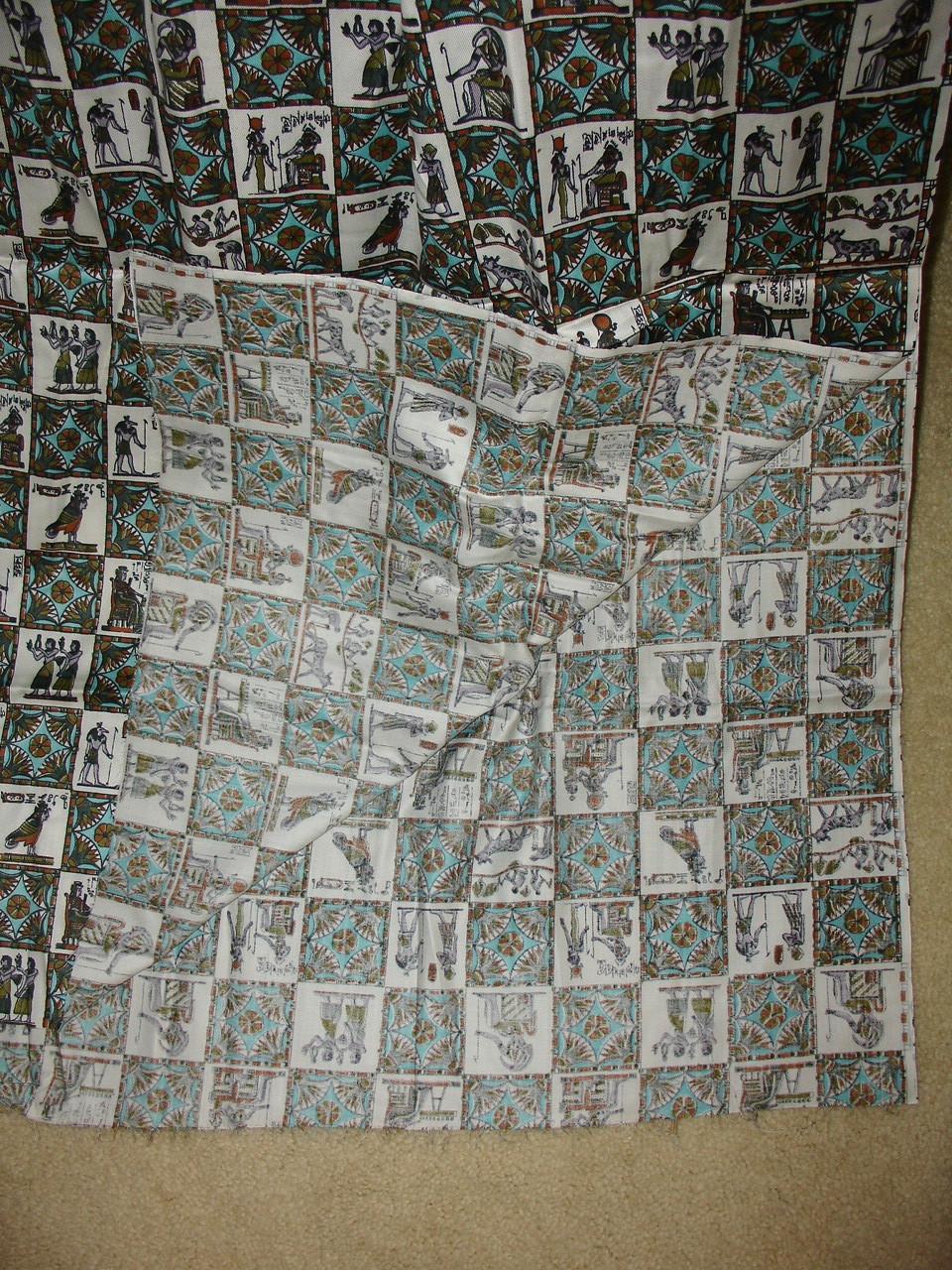 Hieroglyphics Fabric light weight Vintage Eqyptian Pharoh Teal 4 yrds