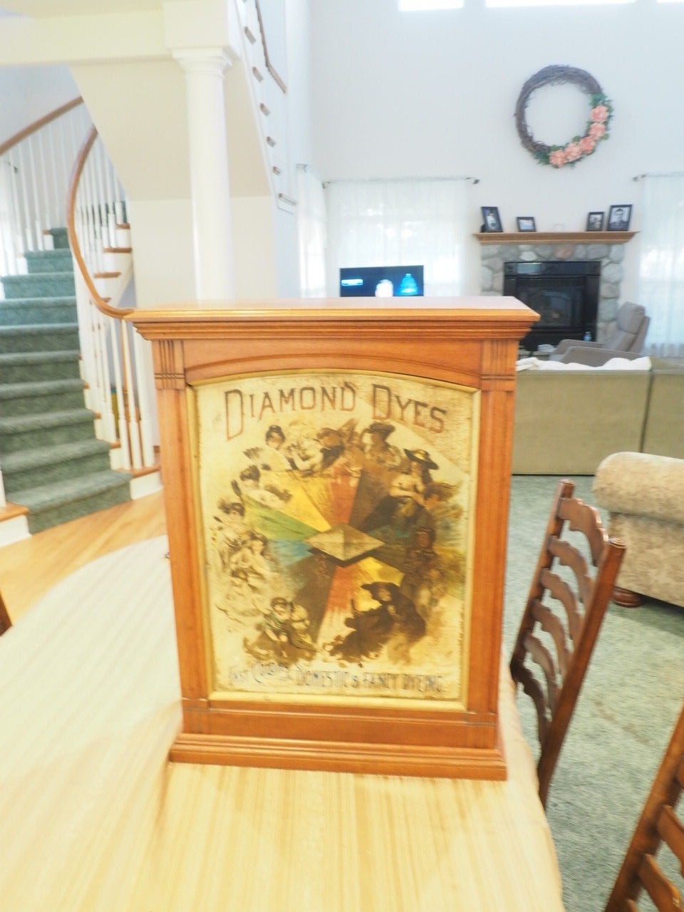 DIAMOND DYES Cabinet Vintage oak Advertising 1890's lithograph Antique Vintage