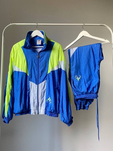Vintage PUMA Tracksuit Set M Blue Neon Green 80s 90s Retro
