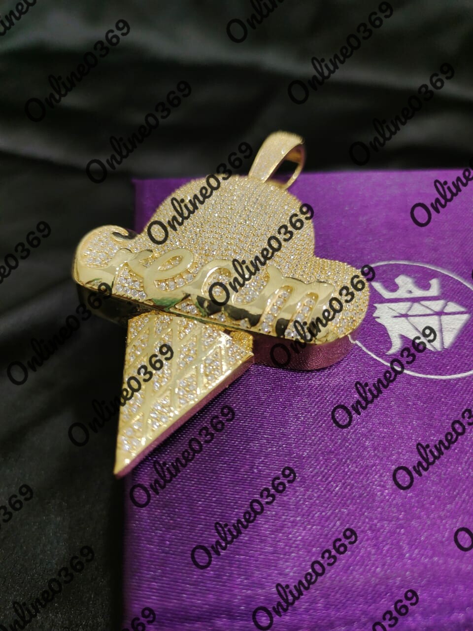 Pre-owned Online0369 Men's Round Cubic Zirconia Ice Cream Charm Pendant 14k Yellow Gold Plated Silver In White