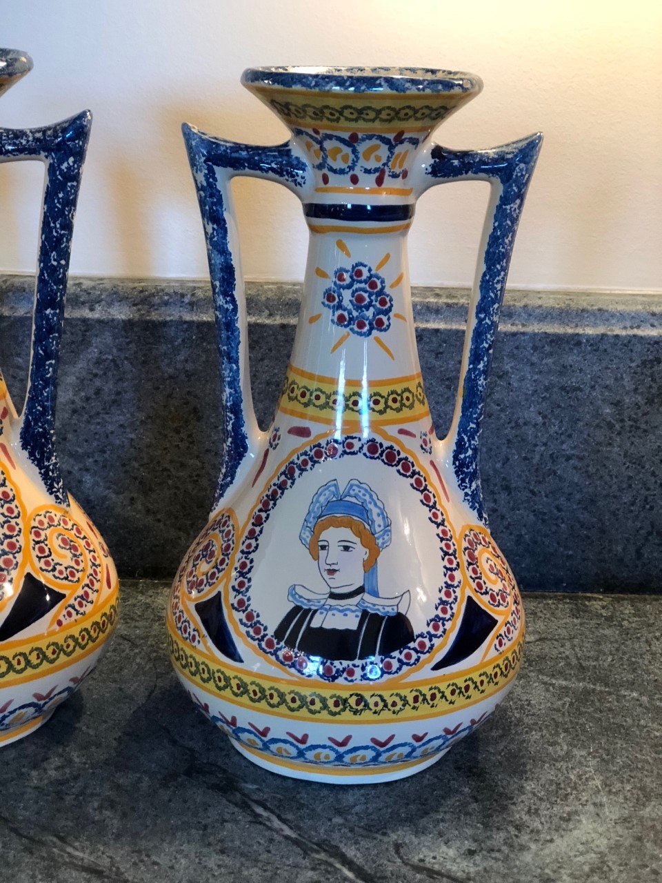 Antique Faience French Henriot Corbeille Quimper 1930 - pair of tall vases rare