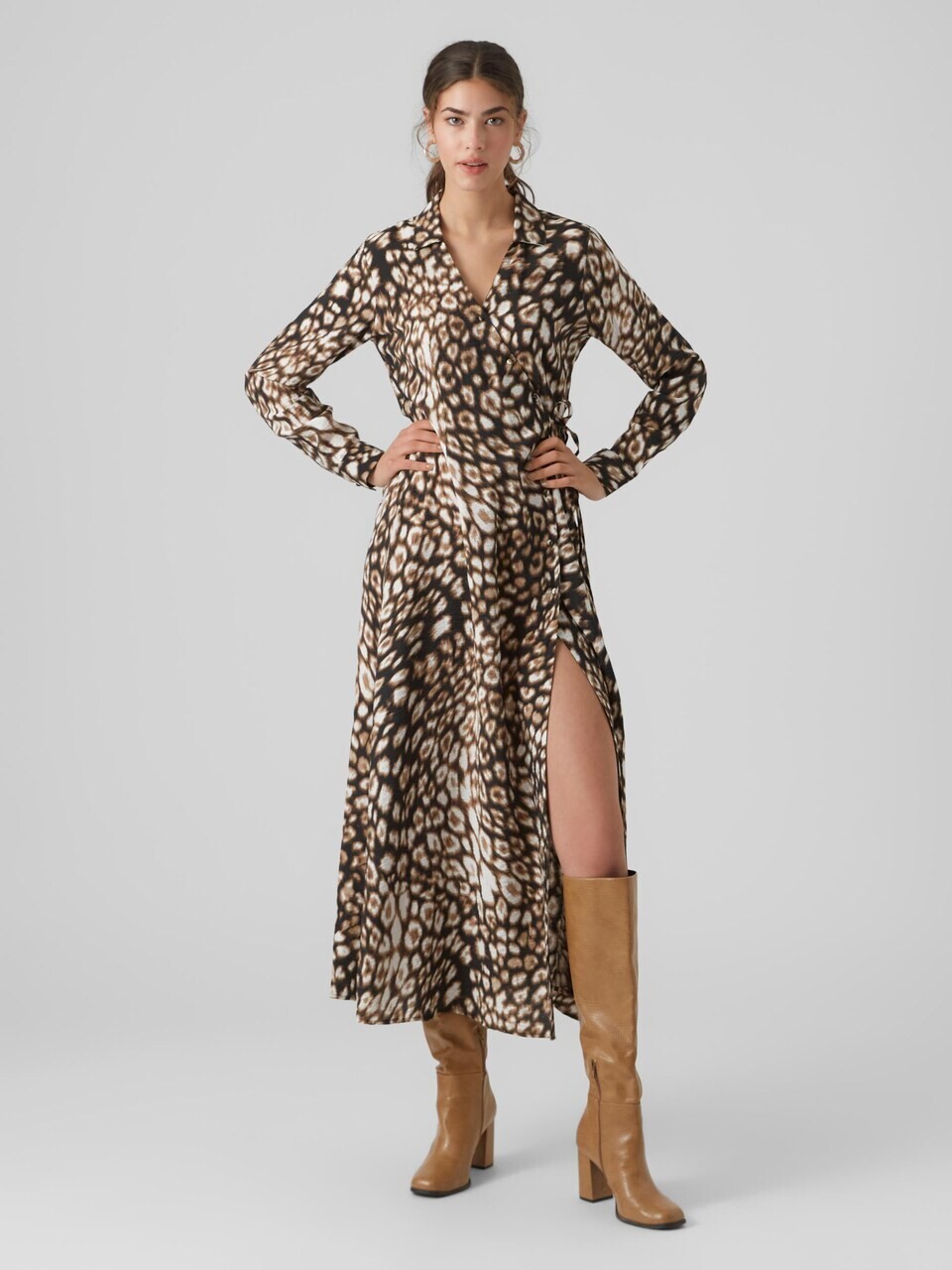 Vero Moda Josie Rika Shirt Dress Women's XS Brown Multi Button Tie Closure L/S - Picture 1 of 19