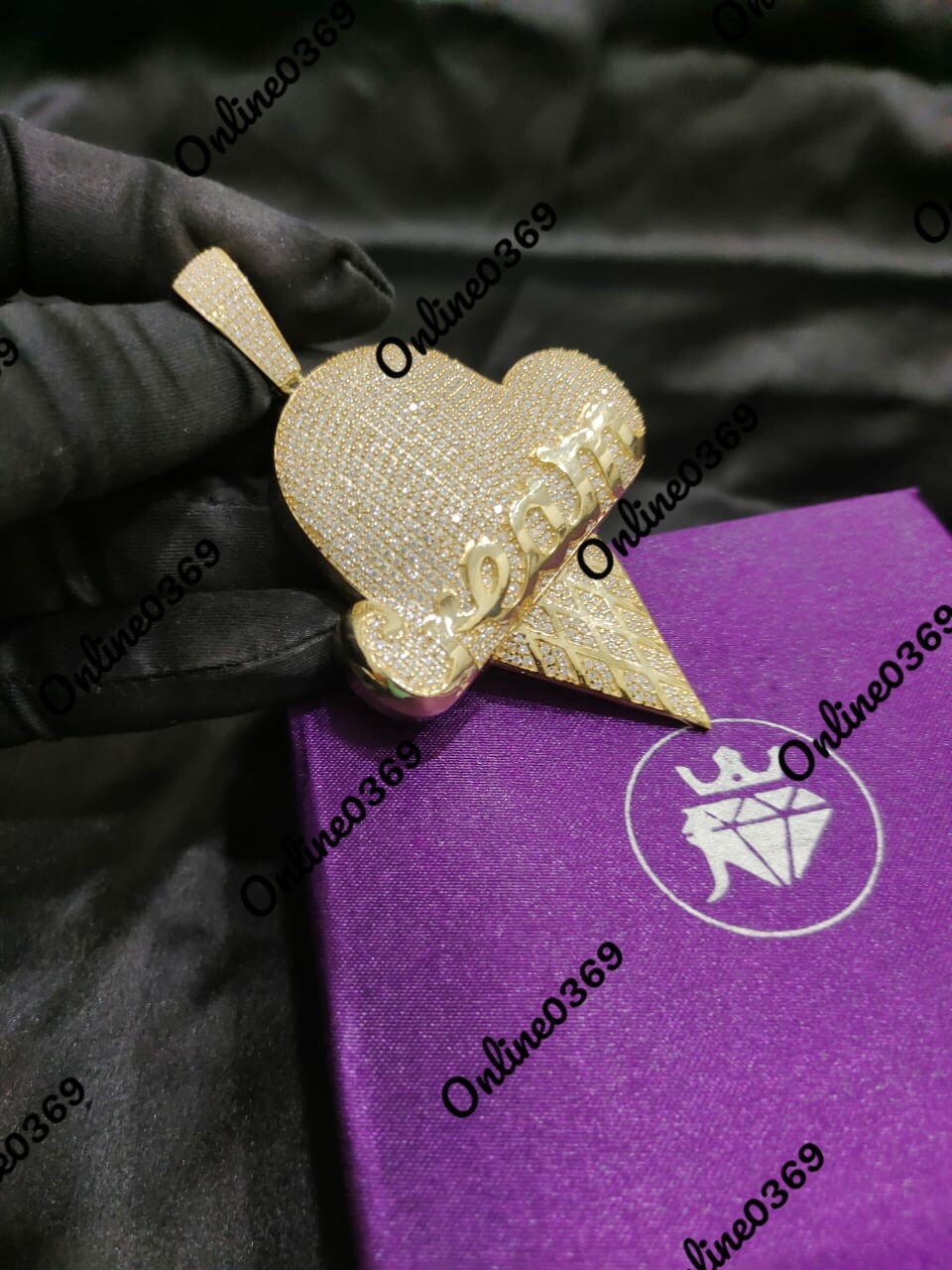 Pre-owned Online0369 Men's Round Cubic Zirconia Ice Cream Charm Pendant 14k Yellow Gold Plated Silver In White