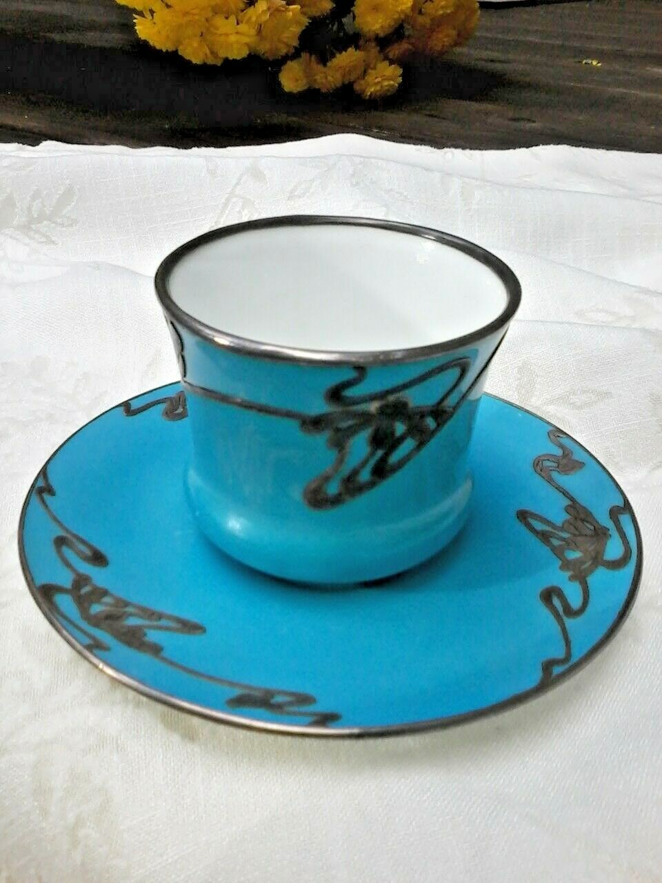 Antique Royal Doulton Porcelain Mini Tea Cup And Saucer with Sterling Silver