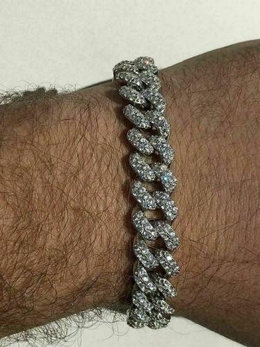 Pre-owned Silver Real Solid 925  Men's 12mm Miami Cuban Link Bracelet Simulated Diamonds