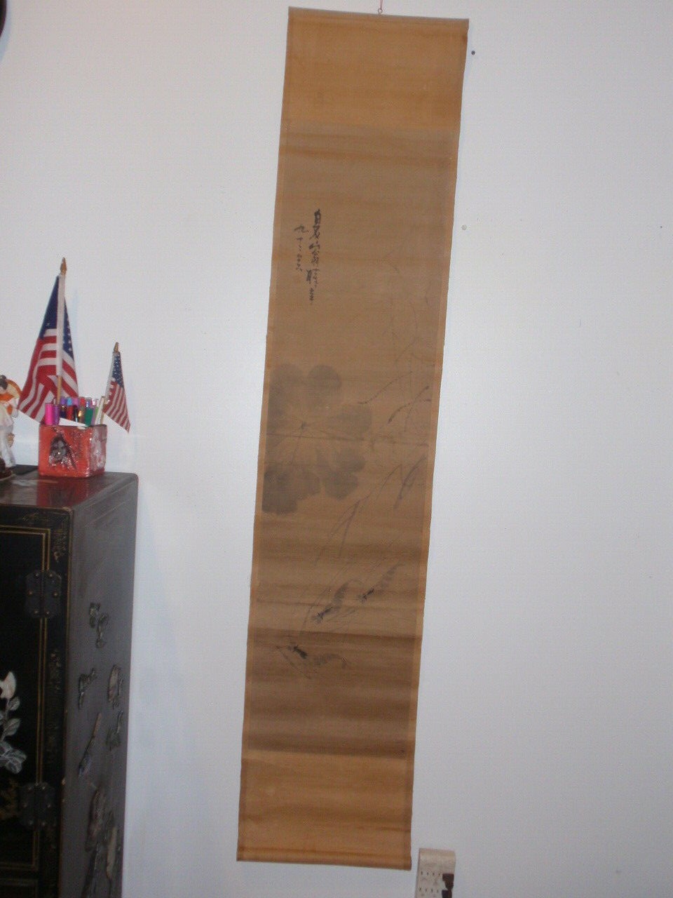3蝦~ Old Antique Chinese Scroll Painting 白石山翁Signed