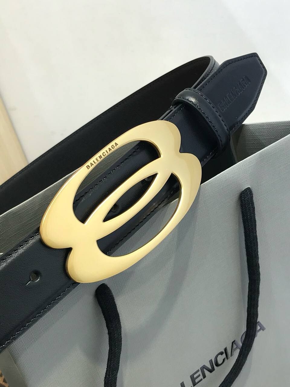 Balenciaga Men's Unity Belt Black Calfskin Leather Gold