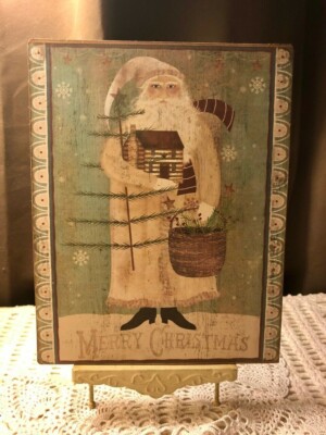 Handmade Primitive, Country Christmas, Folk Art Santa Log Cabin Plaque / Sign #2