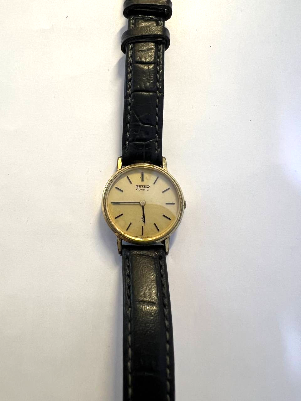 Seiko Watch Ladies Quartz Gold Tone Cream Dial Black Leather Strap