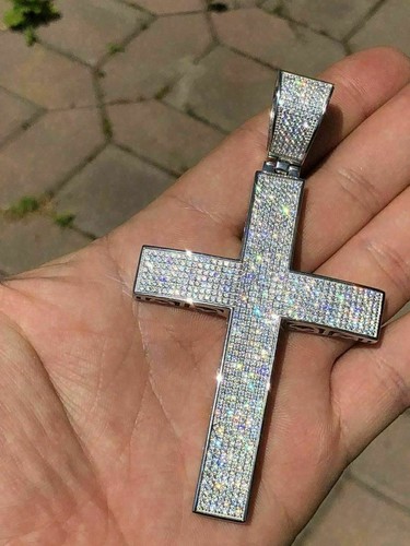 Large Solid 925 Silver Men's Cross 5ct CZ 3.25” BIG Hip Hop