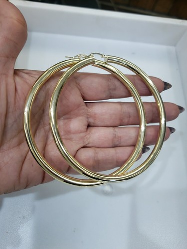 Pre-owned Handmade Extra Large Big Huge Thick Real 14k Yellow Gold Plain Hoop Earrings 3.50 Inches
