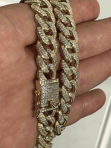 Pre-owned Silver Mens Miami Cuban Link 12mm Chain 14k Gold Plated Solid 925  Bust Down