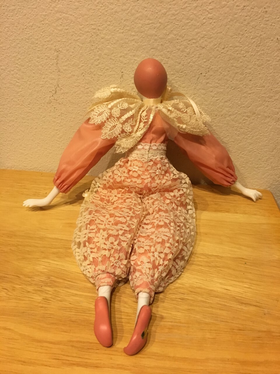 Vintage Pierrot Clown Porcelain Plush Doll with Peach Lace Costume 17