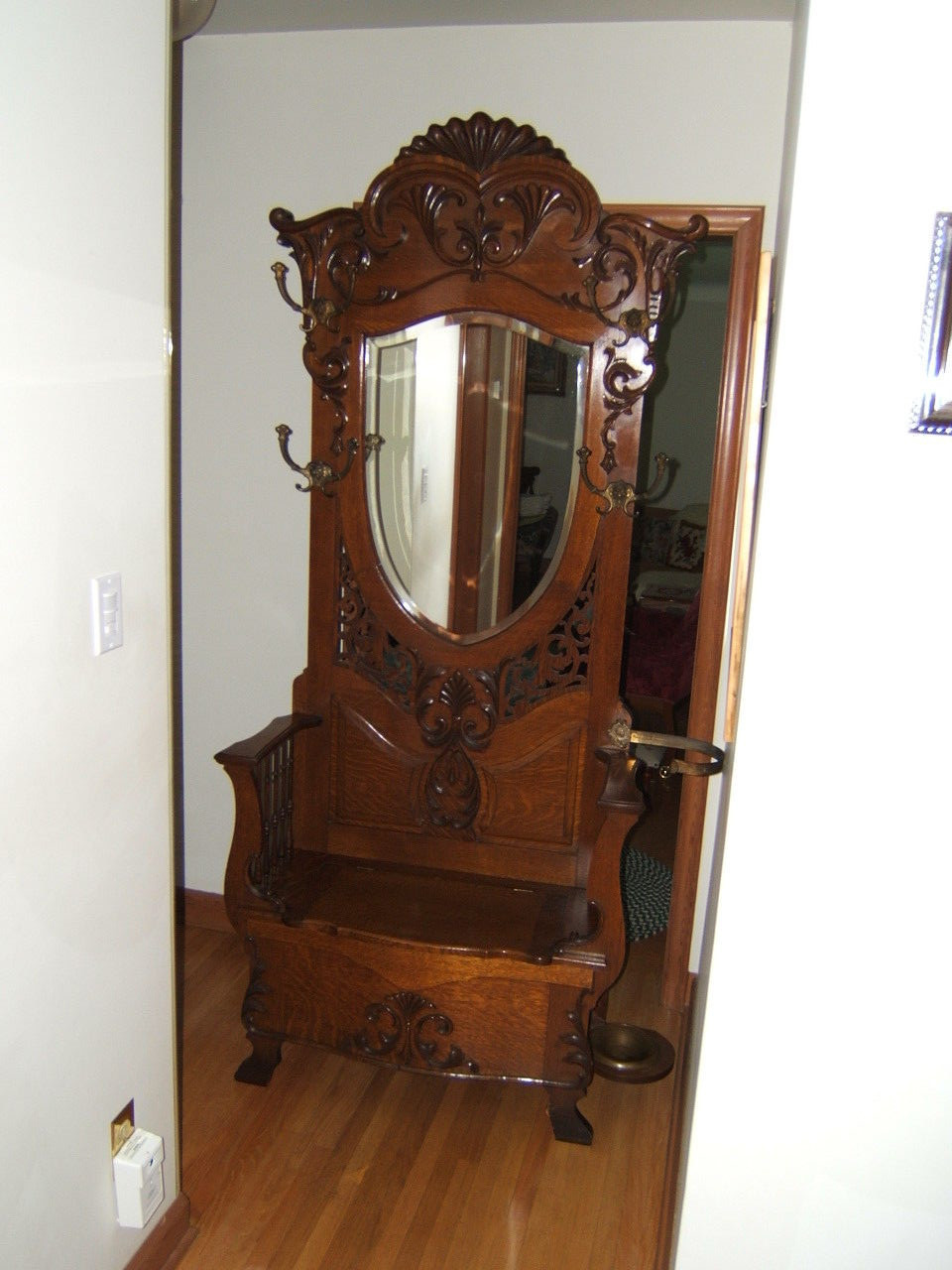 Antique Solid Oak Mirror Hall Tree bench 38w16d86h