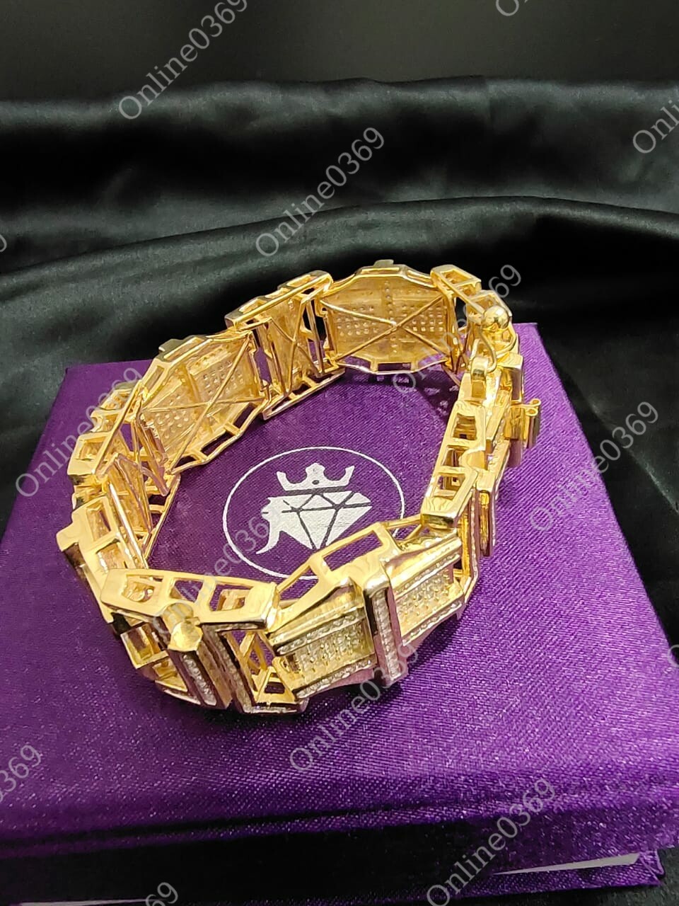 Pre-owned Online0369 Yellow Gold Plated Mens Very Big Thick Bracelet In 12ct Rd Cubic Zirconia Silver In White