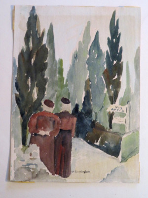 F. CUNNINGHAM XX BEAU DESSIN AQUARELLE VIA APPIA CYPRES ITALIE ROME NAPLES 1930