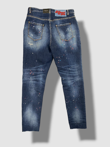 Pre-owned Dsquared2 $820  Women's Blue Splatter Distressed Twiggy Jeans Pants Sz It44/us8