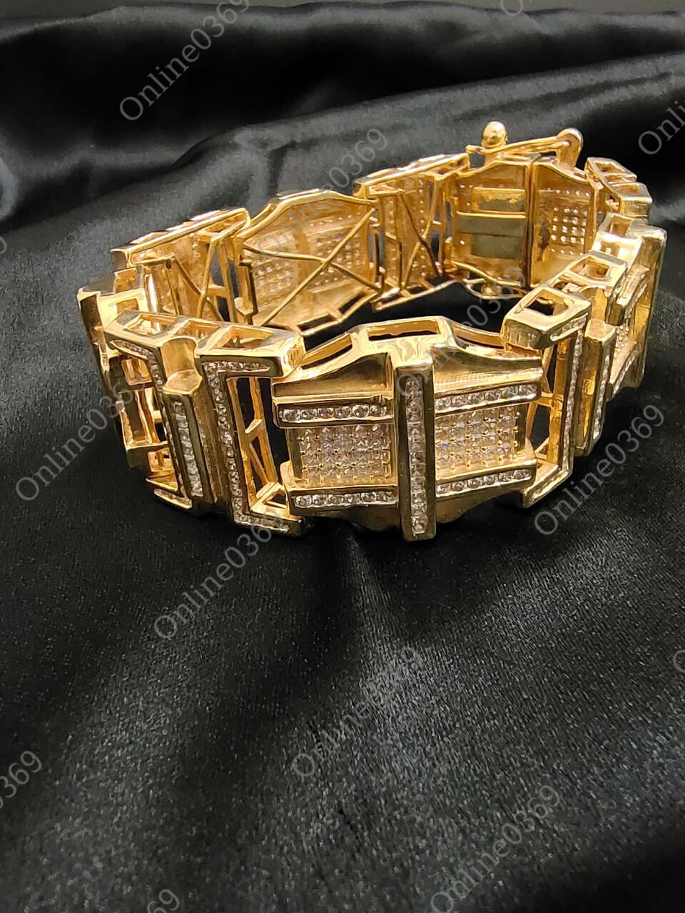 Pre-owned Online0369 Yellow Gold Plated Mens Very Big Thick Bracelet In 12ct Rd Cubic Zirconia Silver In White