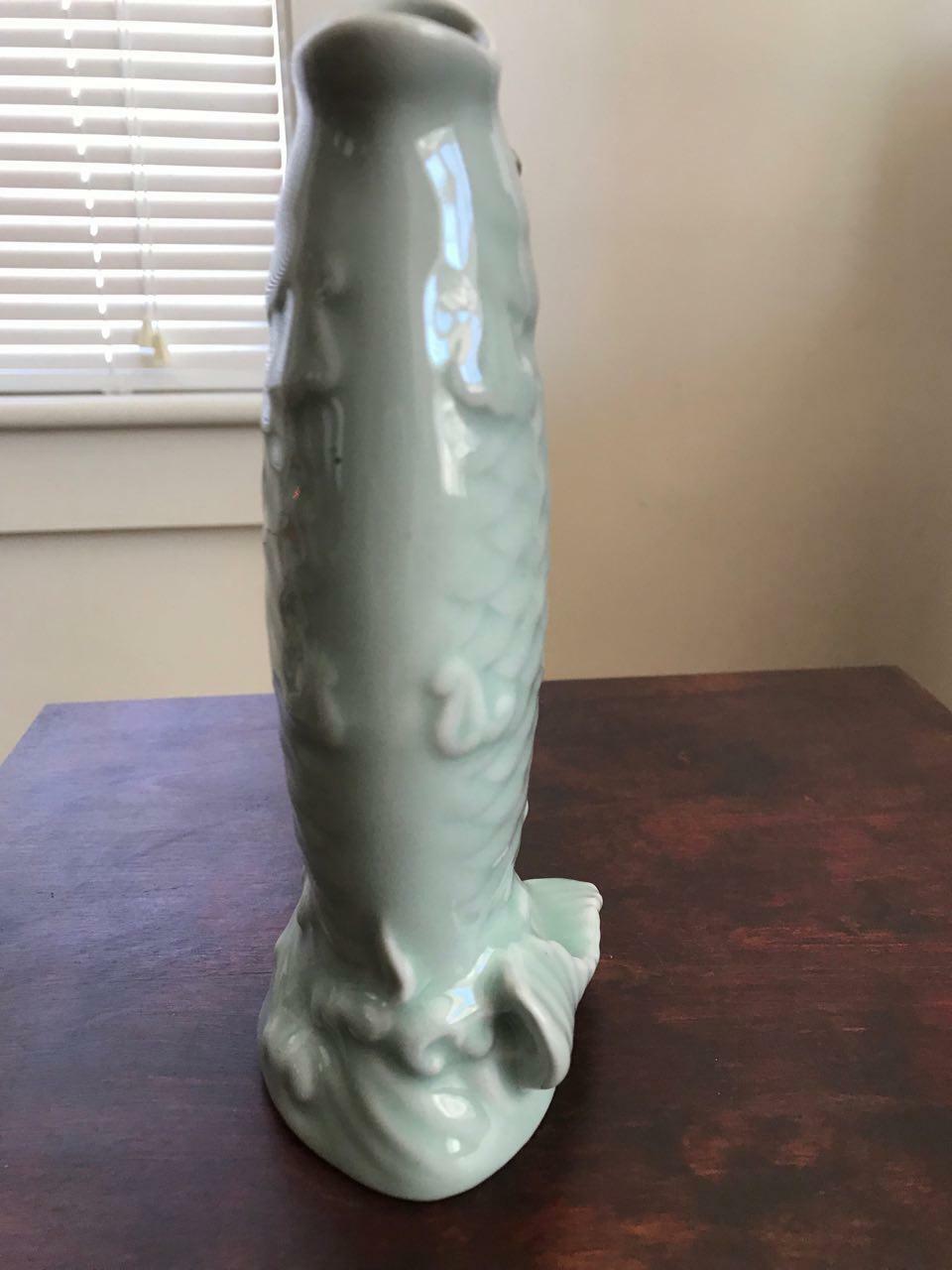 Vintage Celadon Porcelain Fish Pitcher Raised Waves Splash Swirl Handle 8