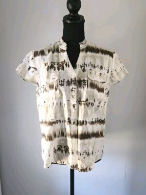 e col o gie women's ivory brown watercolor 100% linen button front blouse size M