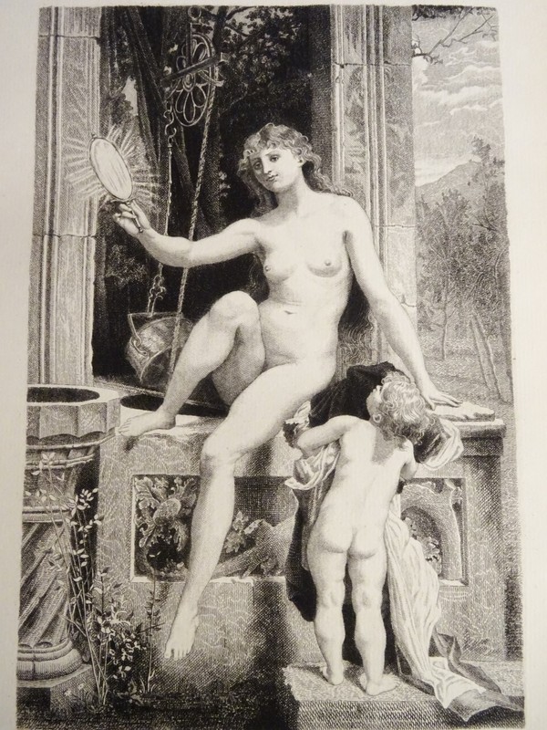 Paul Baudry (1828-1886) Eau Forte Allegorie La Verite Femme Nue Miroir Putto