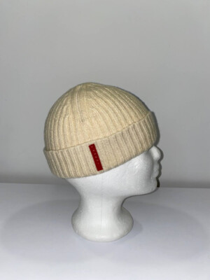 PRADA Milano Classic Knit Hat Beanie Ivory Red Tab Unisex Size Small
