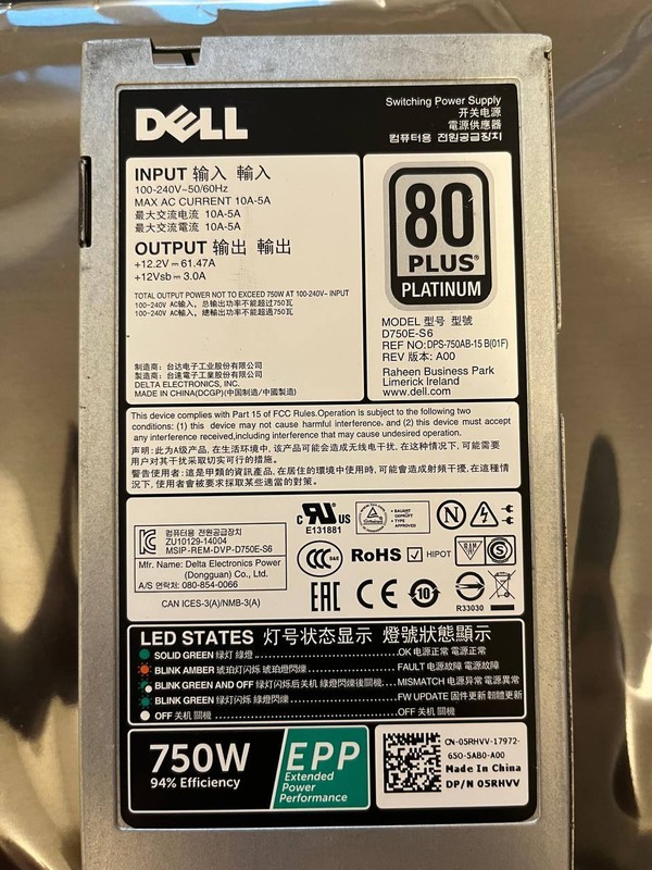 Dell 05rhvv 750w D750e-S6 Power Supply For Poweredge 13-14. Generation