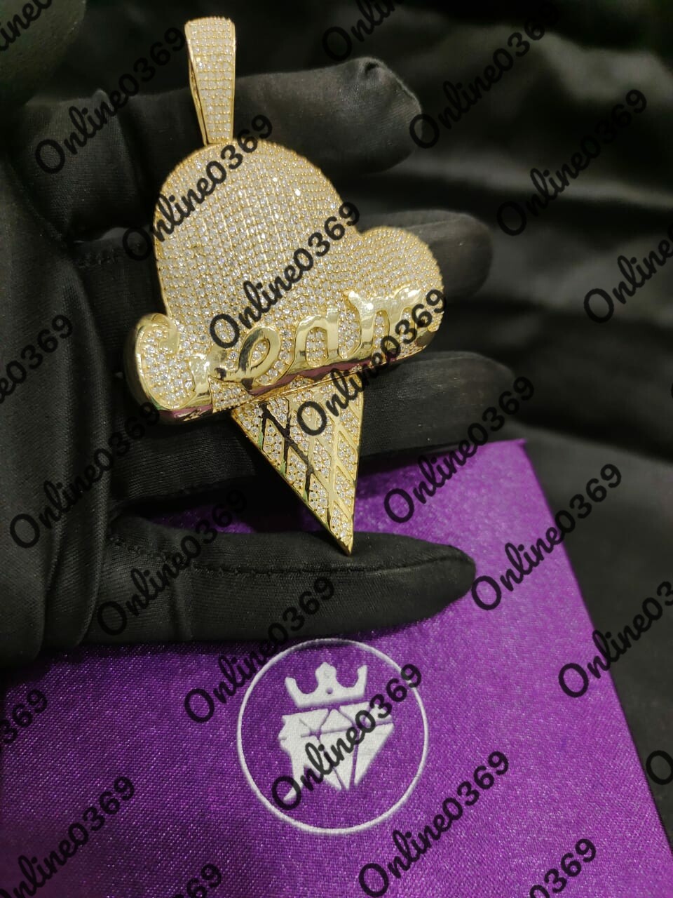 Pre-owned Online0369 Men's Round Cubic Zirconia Ice Cream Charm Pendant 14k Yellow Gold Plated Silver In White