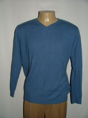 NEW WT $120 APT.9 V-NECK SWEATER SIZE XL 100% CASHMERE BLUE RIBBED #320