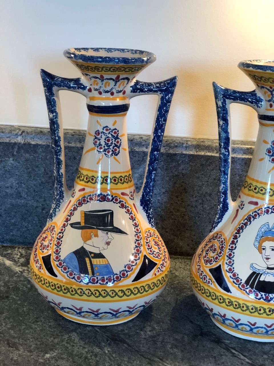Antique Faience French Henriot Corbeille Quimper 1930 - pair of tall vases rare