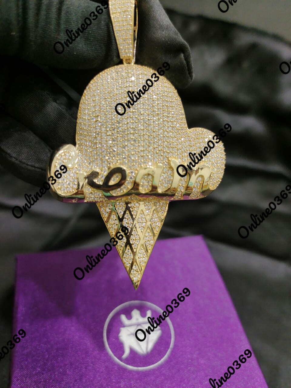 Pre-owned Online0369 Men's Round Cubic Zirconia Ice Cream Charm Pendant 14k Yellow Gold Plated Silver In White