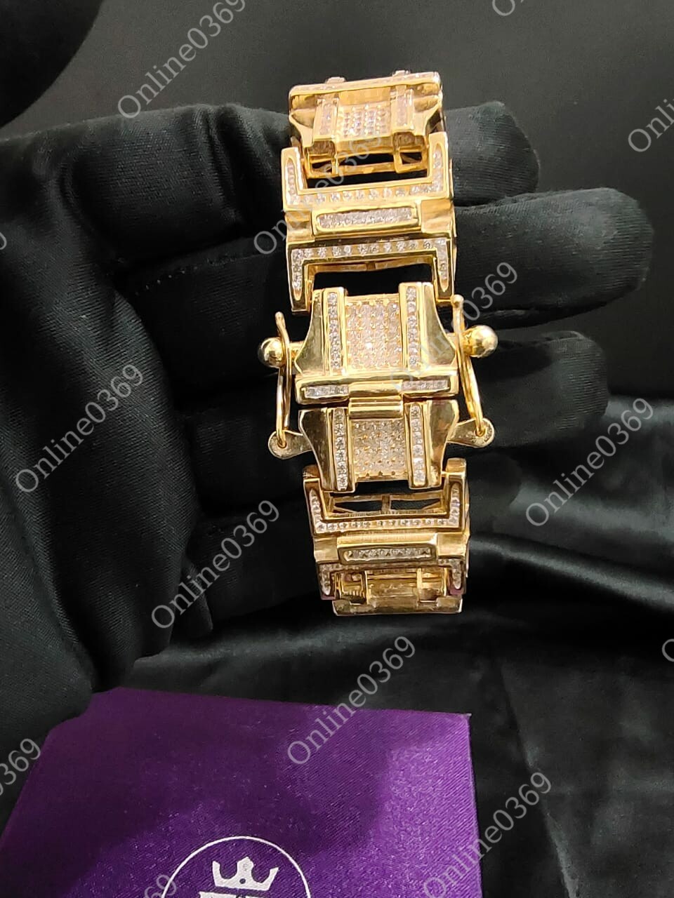 Pre-owned Online0369 Yellow Gold Plated Mens Very Big Thick Bracelet In 12ct Rd Cubic Zirconia Silver In White