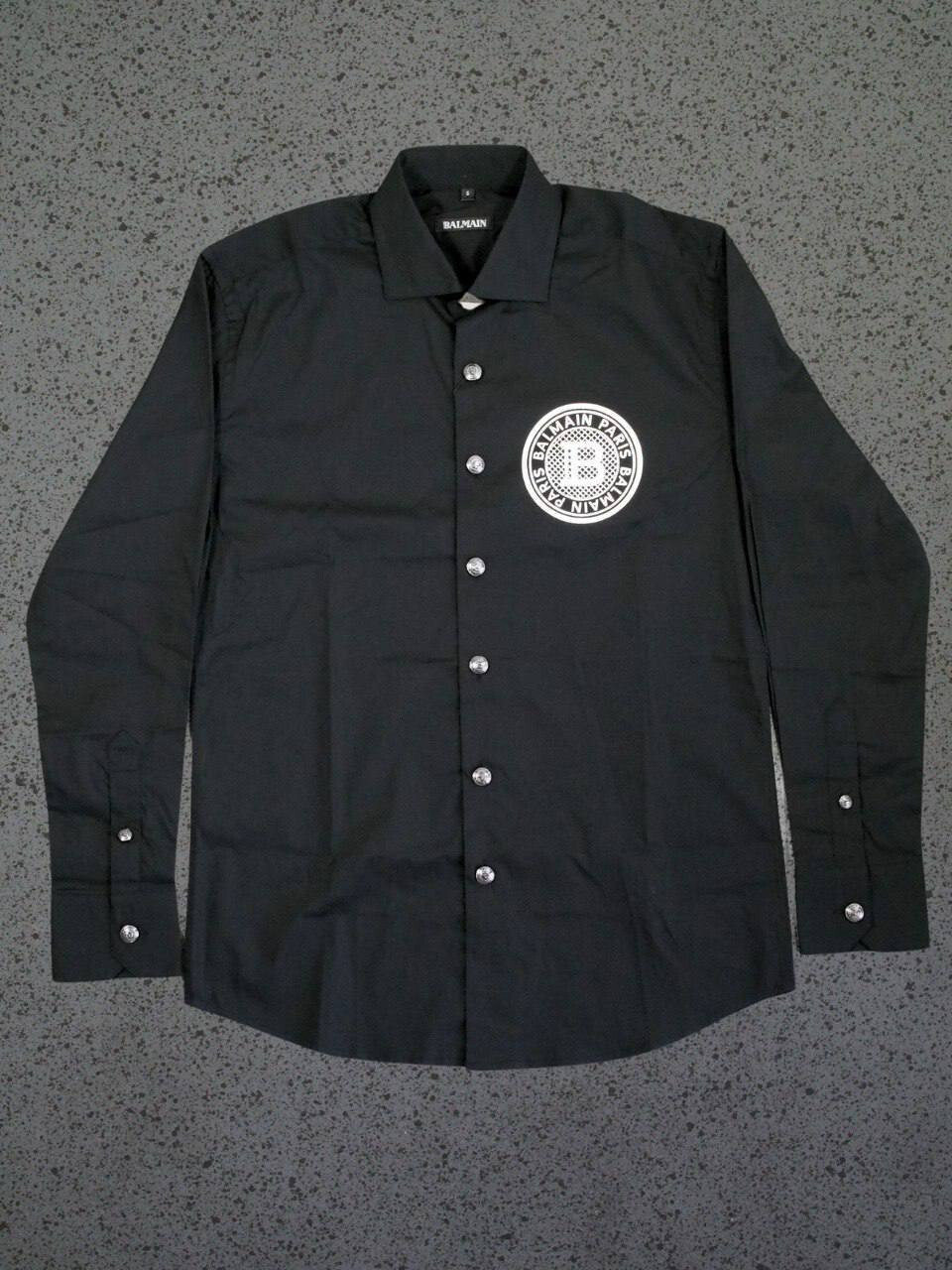 BALMAIN SHIRTS LONG SLEEVE COTTON BLACK SHIRT LOGO METALIC