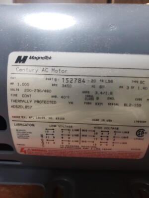 MagneTek Century Motor, PN B-152784-20, 1 HP, 200-230/460, 3 PH, SN BL2-159