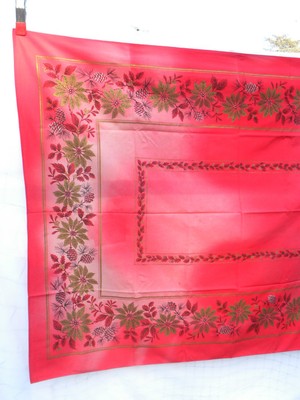 Vint Red Rectangle Christmas Tablecloth for Cutter, Poinsettias Holly Pinecones