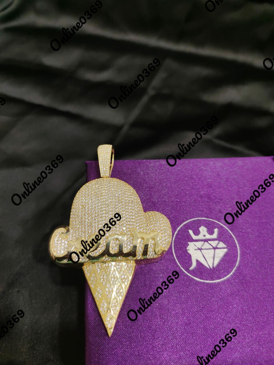 Pre-owned Online0369 Men's Round Cubic Zirconia Ice Cream Charm Pendant 14k Yellow Gold Plated Silver In White