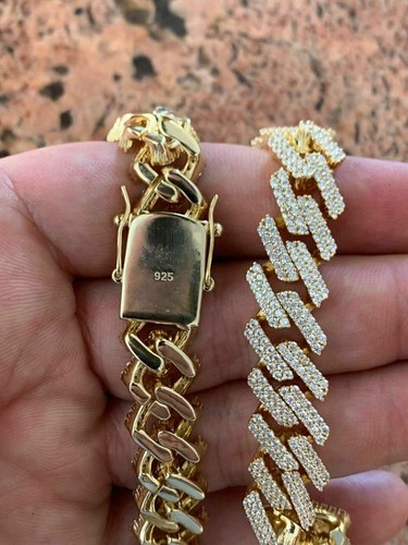 Pre-owned Silver Prong Miami Cuban Chain 14k Gold Plated Solid 925 Sterling  18"- 30" Cz