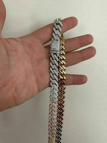 Pre-owned Silver Tri Color Miami Cuban Prong Chain Yellow Rose Gold Plated Solid 925  Cz