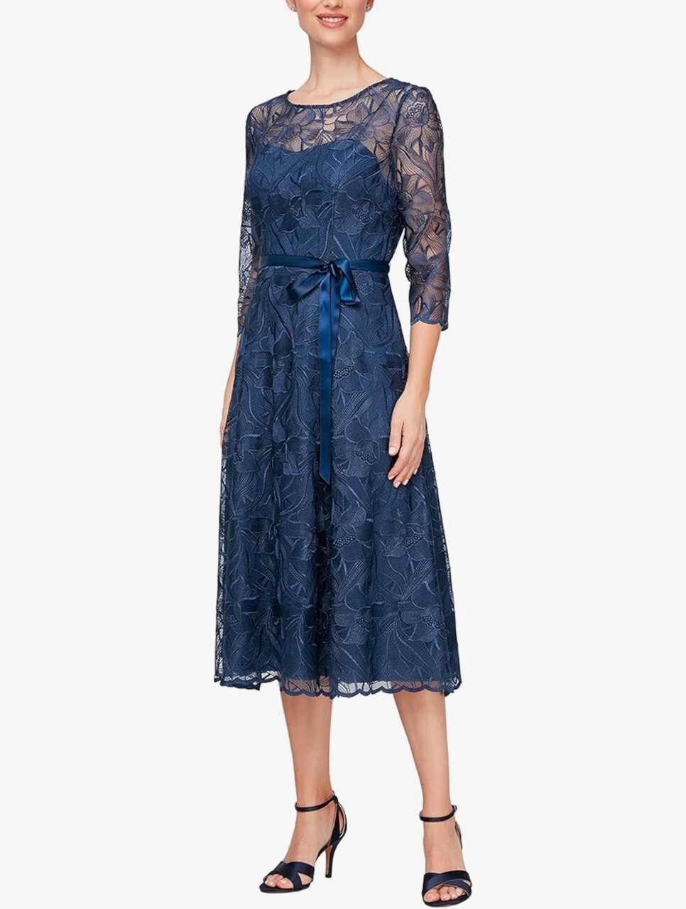   Alex Evenings Navy Embroidered Lace Ribbon Waist Tie Sash Tea Length Dress 6P