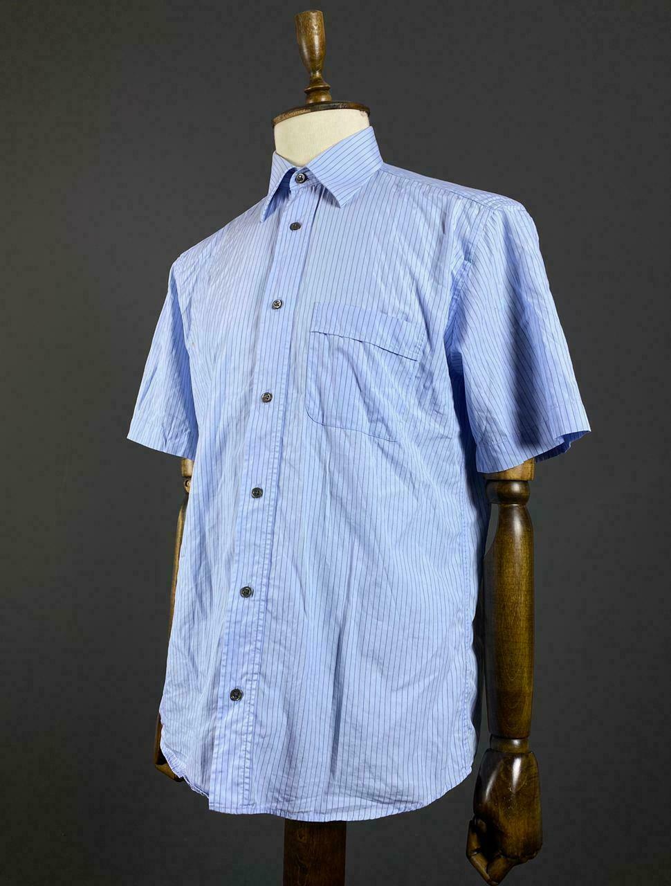 Men Lanvin Paris Blue Striped Short Sleeve Button Down Shirt