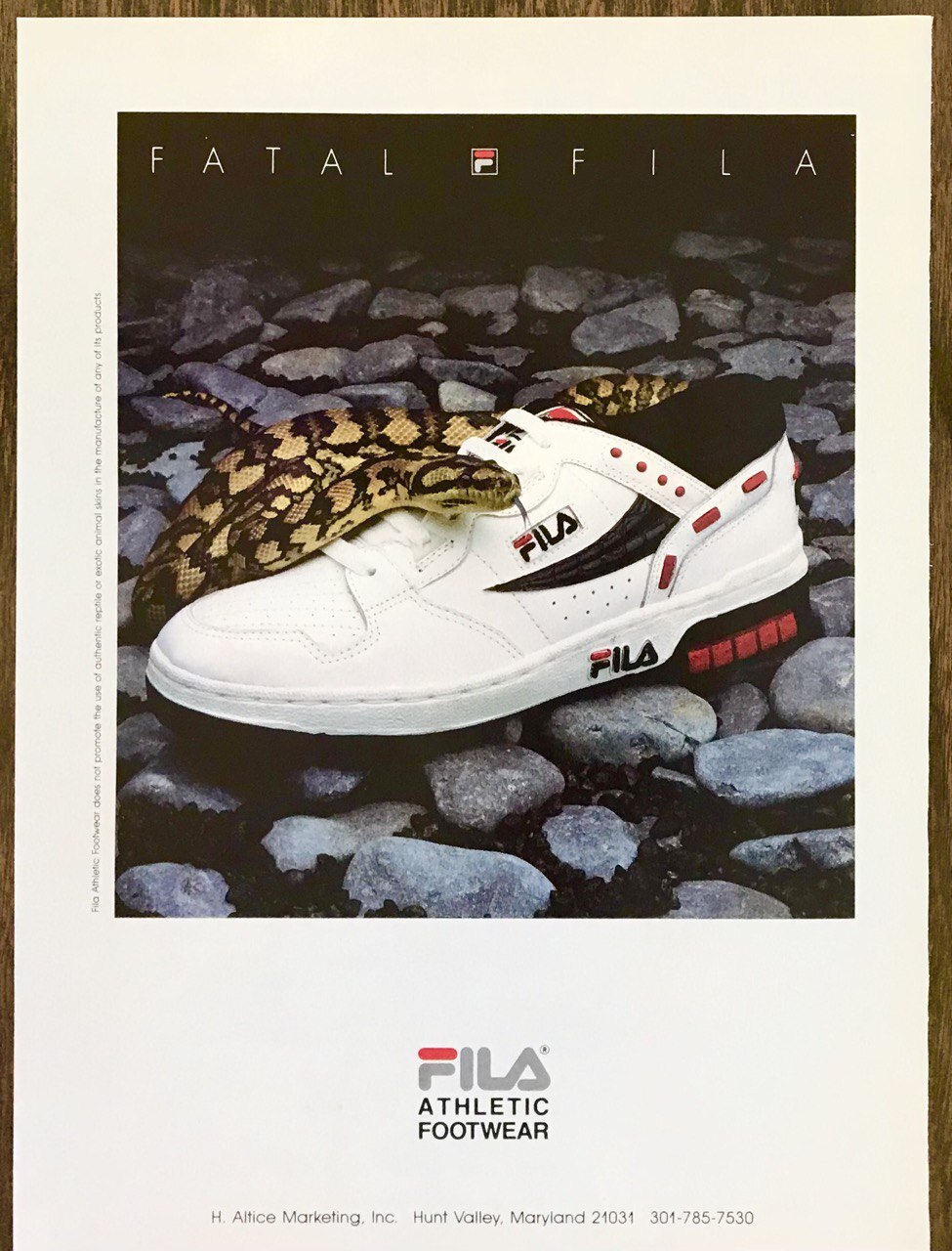 1988 FILA Athletic Footwear PRINT AD Fatal FILA Rattlesnake