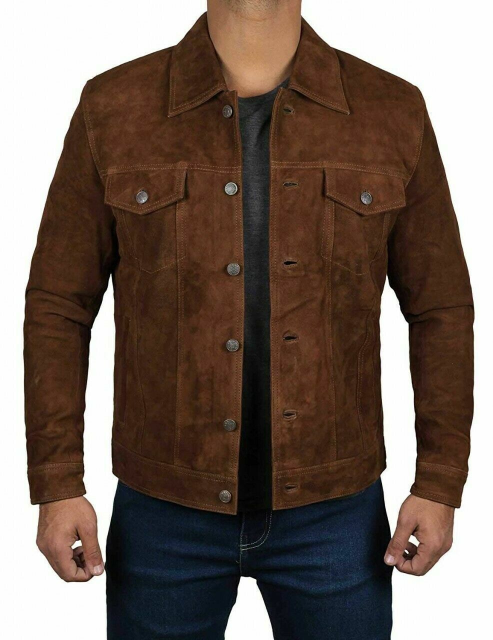 Men's TRUCKER Suede Leather Jacket Western Classic Denim